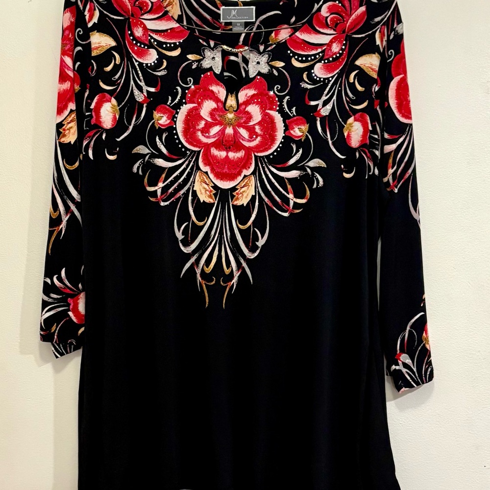 JM Collection Black Top with Red and Gold Floral Design
